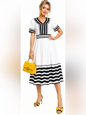 White and Black Stripe Trim Short Sleeve Dress